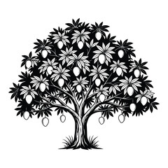 Obraz premium Vintage mango tree silhouette with ripe fruit hanging down rich detailed leaves and branches full of harvest silhouette