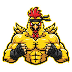 Fierce muscular cartoon chicken warrior ready to fight mascot logo