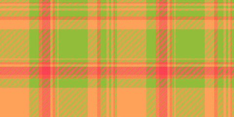 Sexual tartan check fabric, occupation background texture textile. 1960s seamless pattern vector plaid in green and orange colors.