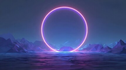 ネオンリングが照らすピクセル化された風景