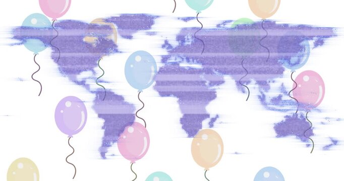 Stylized purple world map showing glitch scanlines initiating pastel balloons rising to fill frame