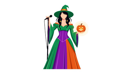 Spooky Songstress: A bewitching witch stands center stage, poised with a microphone, while a glowing pumpkin illuminates her enchanting presence, captivating with her performance.