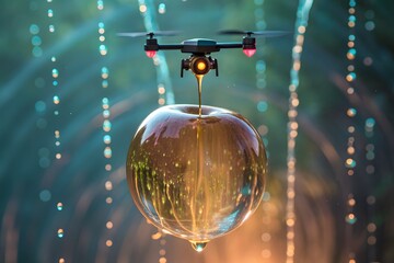 Drone dripping liquid onto a shiny apple technology