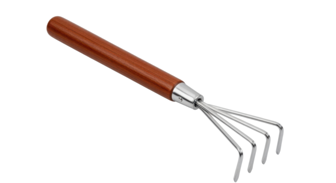Small hand rake with wooden handle isolated PNG with Transparent Background