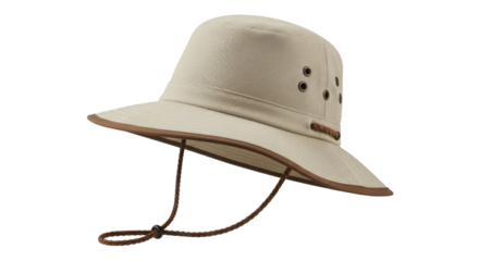 Khaki sun hat with brown trim and chin strap isolated PNG with Transparent Background