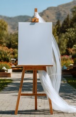 Blank Canvas of Opportunity: A wooden easel supports a pristine, blank canvas, ready to embrace creativity. A flowing white fabric drapes gracefully from the top.
