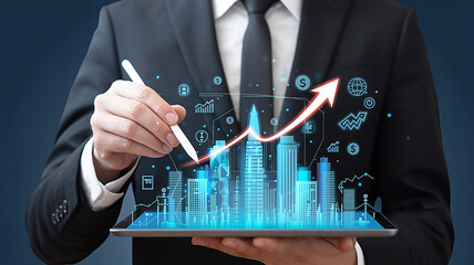 A professional manager using a futuristic tablet interface to visualize business growth and smart city development with a rising arrow