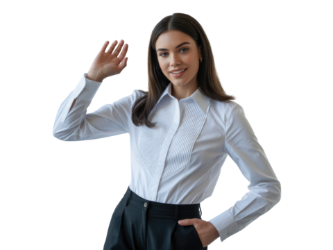 Young woman in white shirt and dark pants waving hello isolated on transparent background