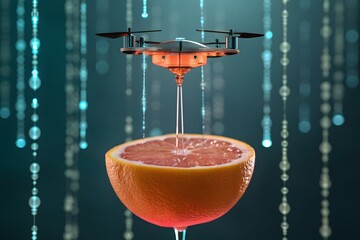 Drone dispensing liquid into a grapefruit half technology