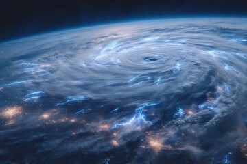 ハリケーンと街の明かりが映る宇宙から見た地球