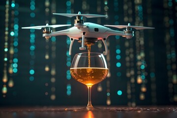 Drone Pouring Liquid into Wine Glass with Bokeh Lights quadcopter
