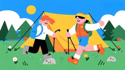 女性と男性が楽しむキャンプ場の黄色のテント