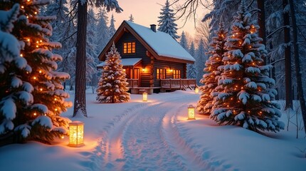 Snow-covered cabin surrounded by pine trees, decorated Christmas tree, and glowing lanterns lining the snowy pathway at sunset. Perfect for holiday and winter scenes