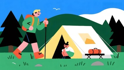 ハイキングカップルと黄色のテントと緑の山と木