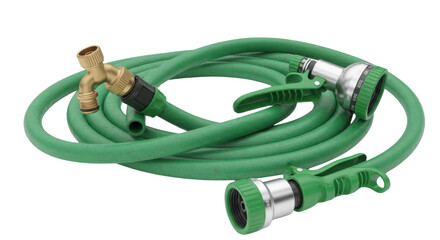 Green garden hose with spray nozzles and tap connector isolated PNG with Transparent Background