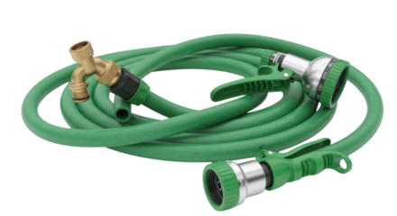 Green garden hose with spray nozzles and tap connector isolated PNG with Transparent Background