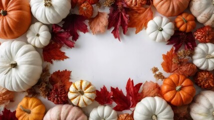 オレンジ色と白いカボチャと秋の葉の白い背景