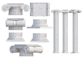 Ionic pilaster capitals assets, top, some bottom, different direction vector objects created by 3D modeling marble material.