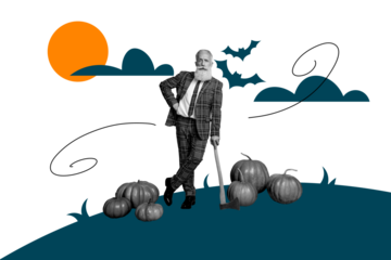 Composite photo collage of serious man serial killer hold ax pumpkin hill harvest bat autumn halloween isolated on painted background