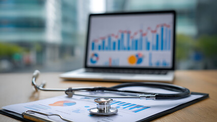 The Intersection of Medicine and Data: Stethoscope on Charts with Laptop Analytics