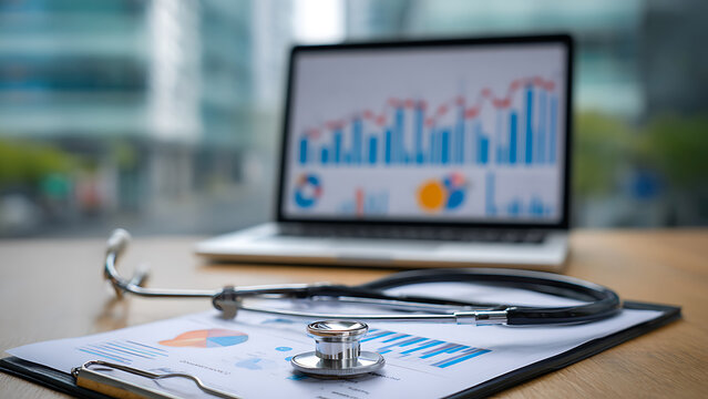 The Intersection of Medicine and Data: Stethoscope on Charts with Laptop Analytics - Powered by Adobe