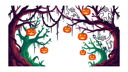 Halloween Fun Forest: Spooky scene with Jack-o'-lanterns and monkey on trees. Illustrated scene perfect for Halloween. 