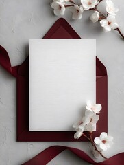 Elegant Letterhead with Blossoms: A blank letterhead is nestled in a deep red envelope, adorned with delicate white blossoms and a satin ribbon. An invitation to beauty and grace. 