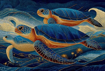 Stunning mosaic of sea turtles swimming gracefully in the ocean, a vibrant and colorful underwater world for conservation awareness projects