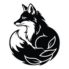 Elegant black and white stylized fox silhouette with nature elements for design projects silhouette