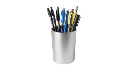 Assorted pens in silver pen holder isolated PNG with Transparent Background
