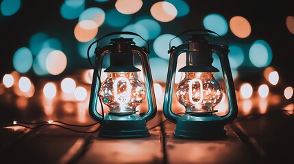 Travel camera 85mm f/2 natural rim glow tight composition on luminous digits lanterns behind dissolve into smooth bokeh star points sparkle gentle vignette calm night mood