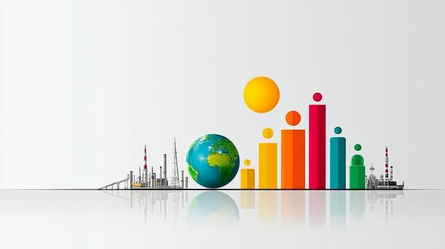 Colorful image of a planet and a sun with a series of bars and a few people. The bars are in different colors and the people are in different sizes. Concept of a diverse and interconnected world - Powered by Adobe