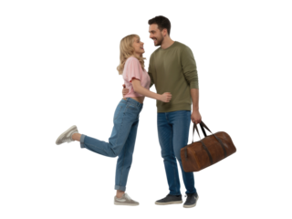 Young couple embracing with suitcase isolated on transparent background