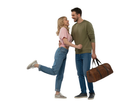 Young couple embracing with suitcase isolated on transparent background