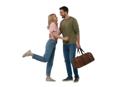 Young couple embracing with suitcase isolated on transparent background