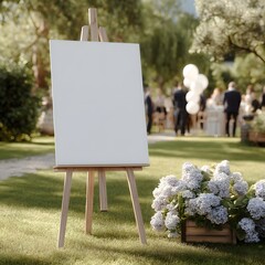 Blank Canvas in Ceremony Setting: A blank canvas stands on an easel in a scenic ceremony setting, offering endless possibilities against the backdrop of a beautiful outdoor gathering.