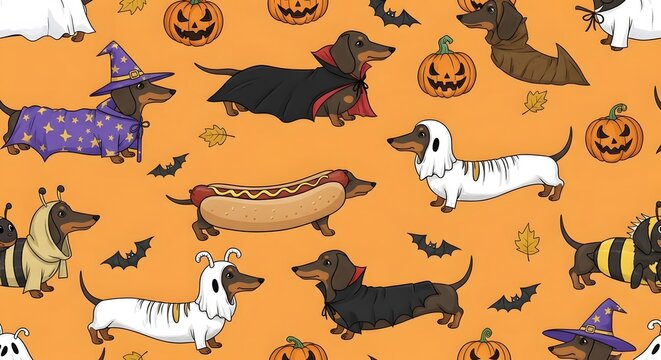 A delightful dachshund Halloween pattern, featuring playful pups in spooky costumes and pumpkin decor.