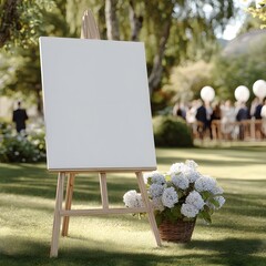 Elegant Easel at Outdoor Celebration: A wooden easel stands ready amidst a lively celebration, adorned with a pristine blank canvas and flanked by a charming basket of flowers.
