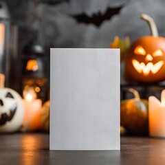 Blank Canvas of Halloween: A pristine white card takes center stage amidst a scene of Halloween decor, with carved pumpkins, softly lit candles, and evocative shadowy silhouettes.