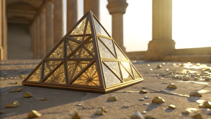Geometric glass pyramid with gold accents in ancient ruins image photo