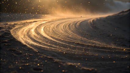 Golden dust motes dance in sunlight on a sandy path image photo