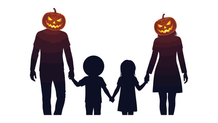 Spooky Halloween Family Silhouette: A captivating silhouette of a family, each member donning a glowing Jack-o'-lantern for heads, standing hand-in-hand, embodies the essence of Halloween.