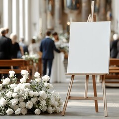 Easel at Wedding Ceremony: A blank canvas awaits, poised near a cascade of roses and a celebrating couple. A glimpse into the intimate wedding ceremony promises joy and togetherness.
