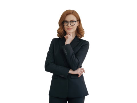 Businesswoman with glasses thinking isolated on transparent background