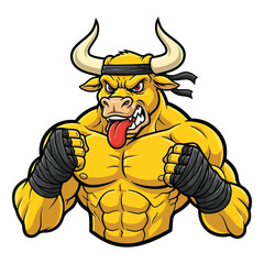 Aggressive muscular bull character with boxing gloves and headband