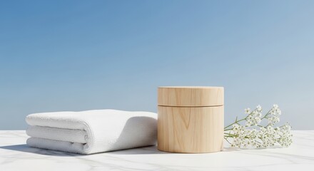 Spa Day Relaxation Tranquil Setting with Towels and Wood Bucket