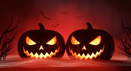 Naklejka premium Sinister glowing jackolanterns illuminate the eerie night. Bats fly above, creating a spooky Halloween feel.