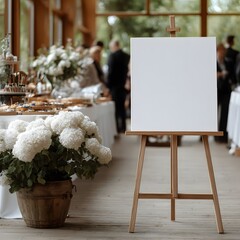 Elegant Gathering: A blank canvas mounted on a wooden easel stands amidst a beautifully decorated event, creating an inviting and sophisticated ambiance, where people celebrate