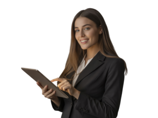 Smiling businesswoman using a tablet computer isolated on transparent background
