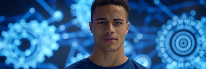 Portrait of african american man standing in front of digital screen with glowing blue gears and network connections - Powered by Adobe